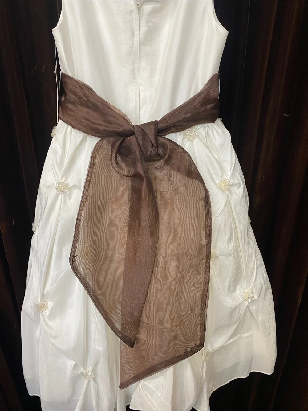 Girls Ivory Taffeta Formal Dress with Brown Sash